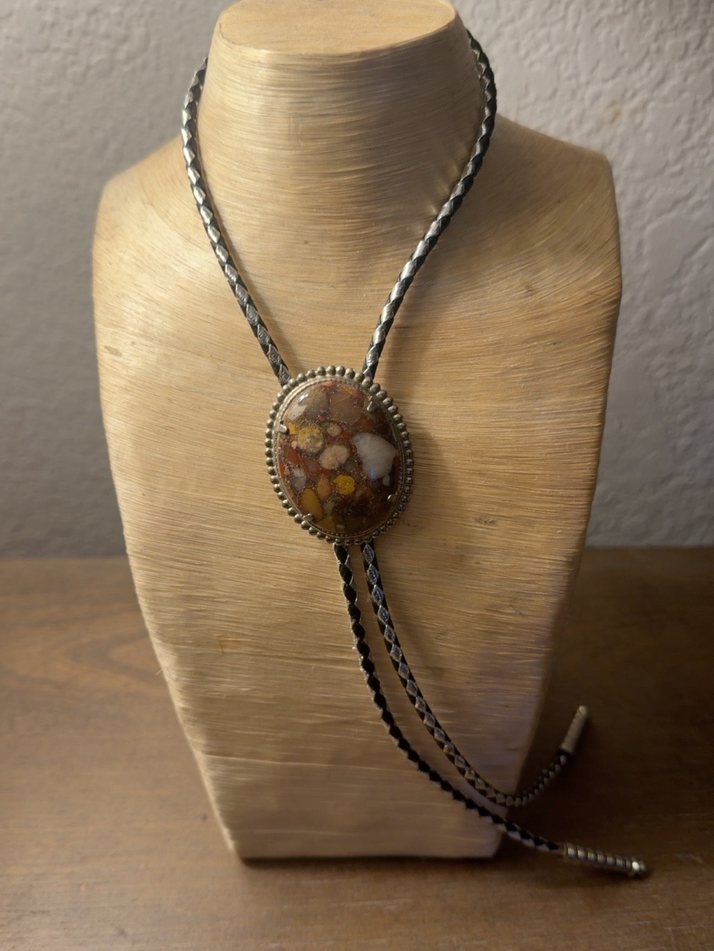 Sterling Silver Bolo Tie Necklace with Brown Multicolor Stone